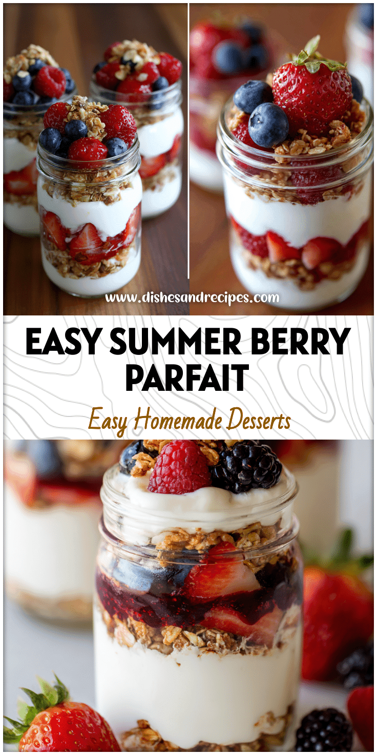 Layered Summer Berry Parfait in a glass jar with yogurt, granola, and fresh berries.